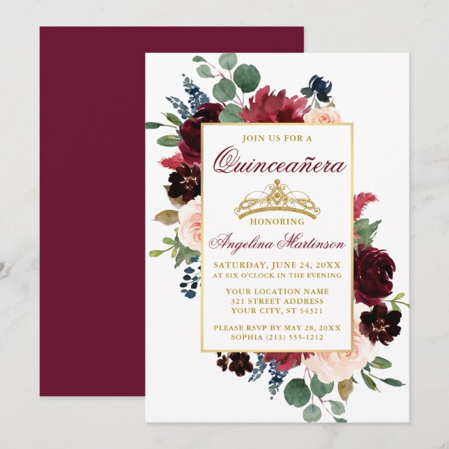 Invitation Aquarelle Bourgogne rose Floral Or Quinceanera (Devant / Derrière)