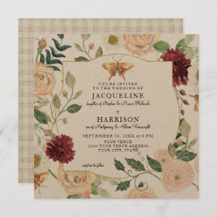 Invitation Aquarelle Bourgogne Rose Floral Papillon Kraft