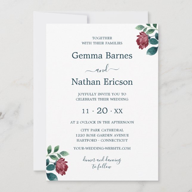 Invitation Aquarelle Bourgogne Roses Romantique Turquoise Mar (Devant)
