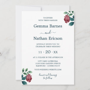 Invitation Aquarelle Bourgogne Roses Romantique Turquoise Mar