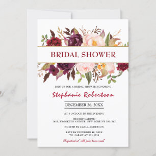 Invitation Aquarelle Bourgogne Rouge Floral Fête des mariées