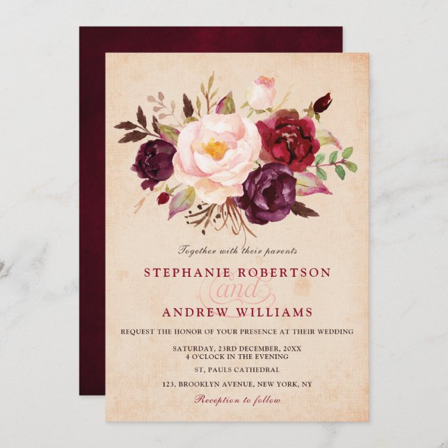 Invitation Aquarelle Bourgogne Rouge Floral Russe Boho (Devant / Derrière)