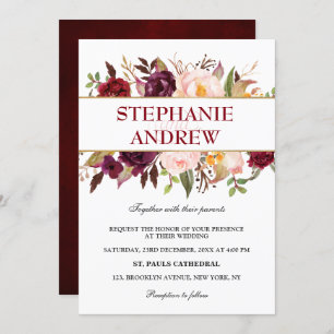 Invitation Aquarelle Bourgogne Rouge Floral Russe Boho