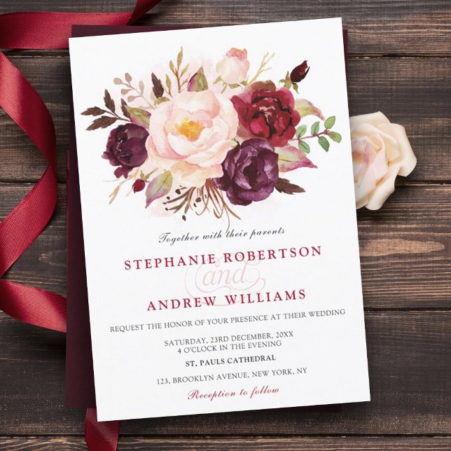 Invitation Aquarelle Bourgogne Rouge Floral Russe Boho (Burgundy blush wedding)