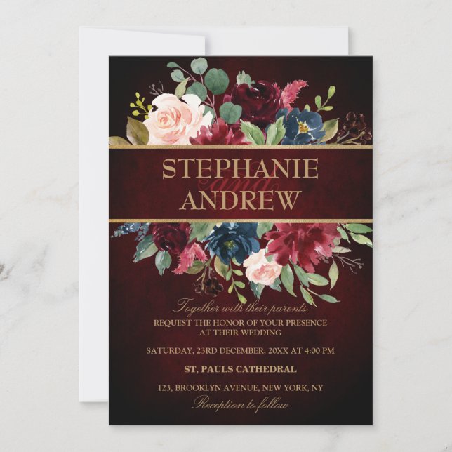 Invitation Aquarelle Bourgogne Rouge Marine Floral Russe Boho (Devant)