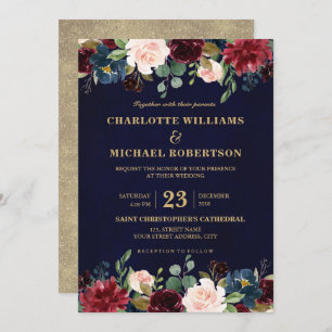 Invitation Aquarelle Bourgogne Rouge Marine Floral Russe Boho