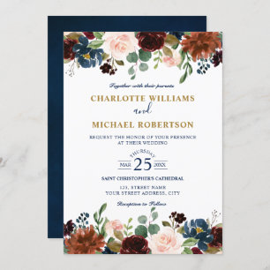 Invitation Aquarelle Bourgogne Rouge Marine Floral Russe Boho