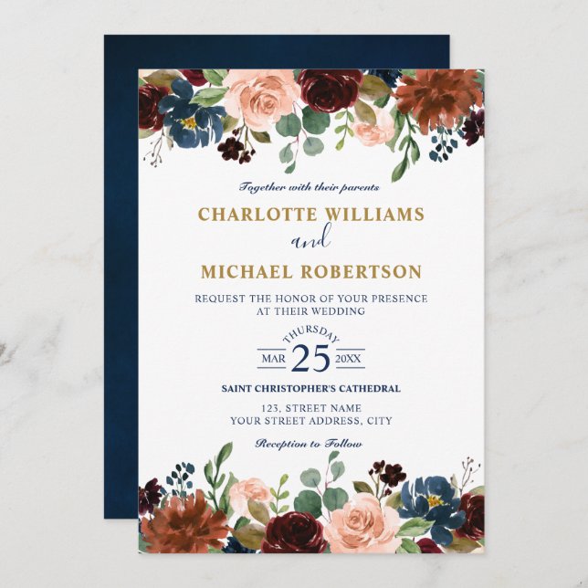 Invitation Aquarelle Bourgogne Rouge Marine Floral Russe Boho (Devant / Derrière)