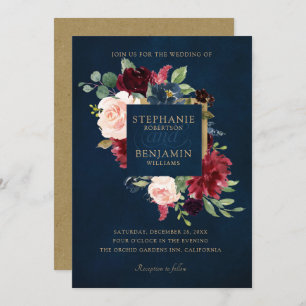 Invitation Aquarelle Bourgogne Rouge Marine Floral Russe Boho