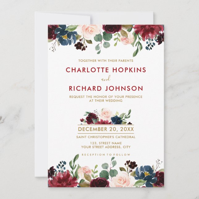 Invitation Aquarelle Bourgogne Rouge Marine Floral Russe Boho (Devant)