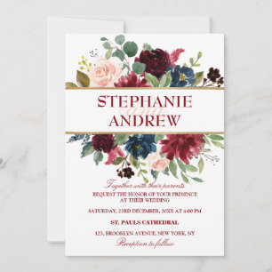 Invitation Aquarelle Bourgogne Rouge Marine Floral Russe Boho