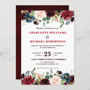 Invitation Aquarelle Bourgogne Rouge Marine Floral Russe Boho