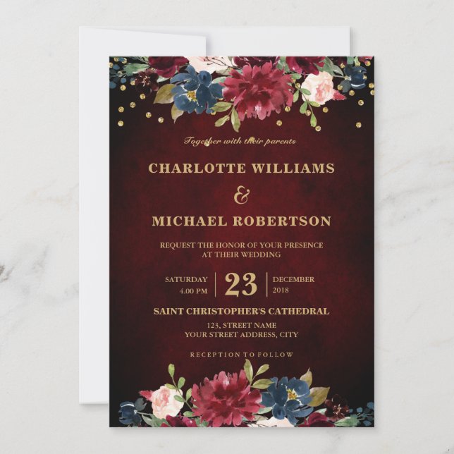 Invitation Aquarelle Bourgogne Rouge Marine Floral Russe Boho (Devant)