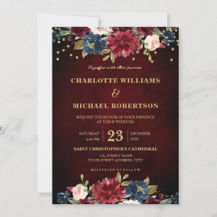 Invitation Aquarelle Bourgogne Rouge Marine Floral Russe Boho