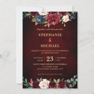 Invitation Aquarelle Bourgogne Rouge Marine Floral Russe Boho