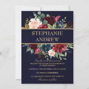 Invitation Aquarelle Bourgogne Rouge Marine Floral Russe Boho