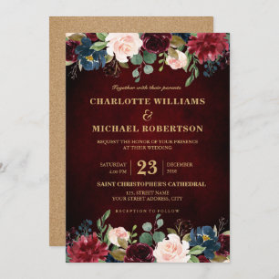 Invitation Aquarelle Bourgogne Rouge Marine Floral Russe Boho