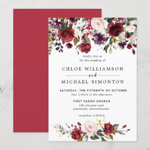 Invitation Aquarelle Bourgogne Rouge rose Floral Russe Mariag