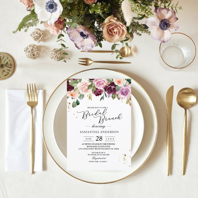 Invitation Aquarelle Bourgogne Rustique Fleurs et gouttes d'o (Créateur téléchargé)