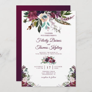 Invitation Aquarelle Bourgogne Splendor Floral Blanc Mariage