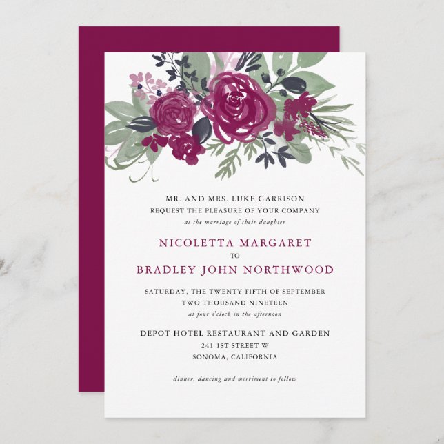 Invitation Aquarelle Bourgogne Vin Floral Boho Mariage (Devant / Derrière)