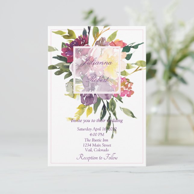 Invitation Aquarelle bourguignonne et violette mariage floral (Debout devant)