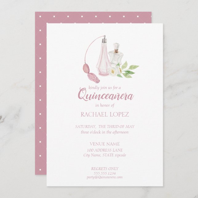 Invitation Aquarelle Bouteille de Parfum Quinceanera Annivers (Devant / Derrière)