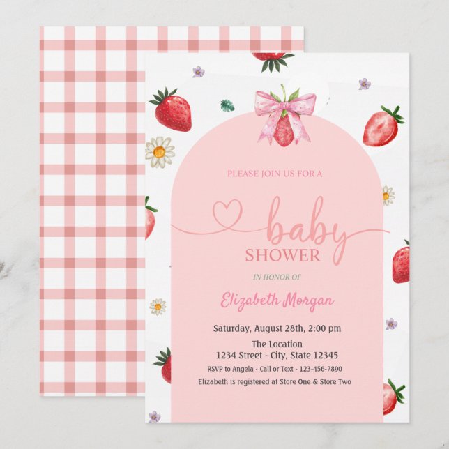 Invitation Aquarelle Bow fraise Baby shower rouge plaid (Devant / Derrière)