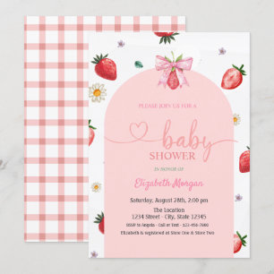 Invitation Aquarelle Bow fraise Baby shower rouge plaid