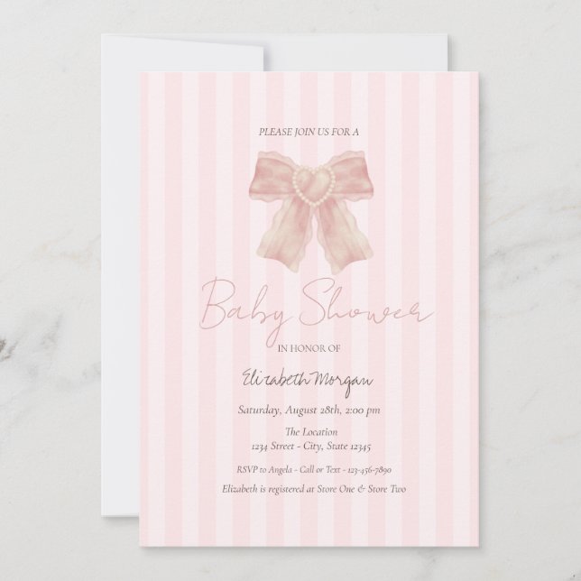 Invitation Aquarelle Bow rose Baby shower rayé (Devant)