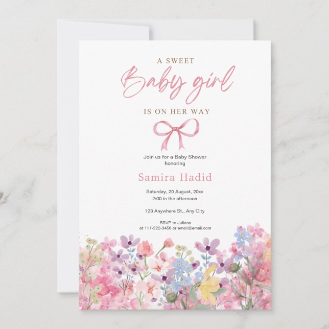 Invitation Aquarelle Bow rose Floral Girl Baby shower (Devant)