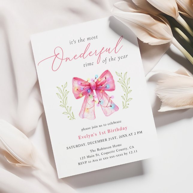 Invitation Aquarelle Bow rose Noël 1er anniversaire (Créateur téléchargé)