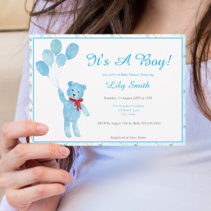 Invitation Aquarelle Boy Teddy Bear Balloons Baby shower
