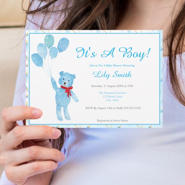 Invitation Aquarelle Boy Teddy Bear Balloons Baby shower (Créateur téléchargé)