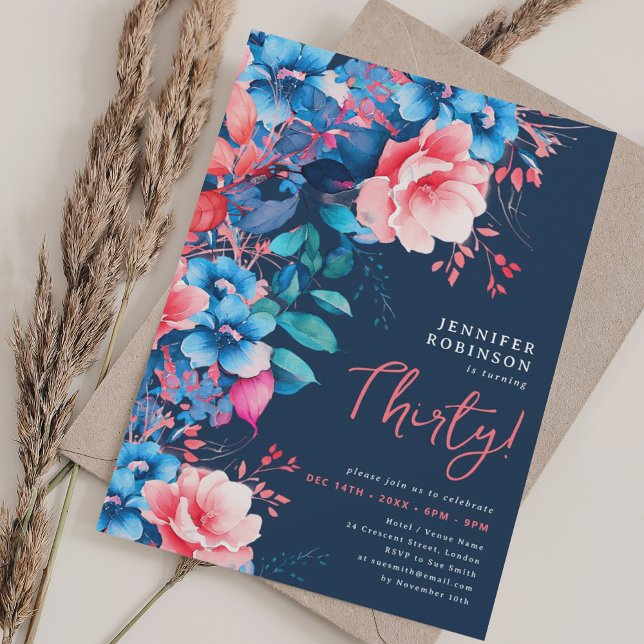 Invitation Aquarelle brillante Floral 30e anniversaire Marine (Bright Watercolor Floral 30th Birthday Navy Blue Invitation)
