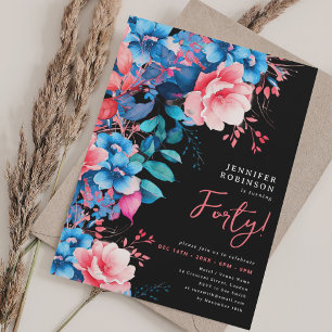 Invitation Aquarelle brillante Florale 40e anniversaire Noir