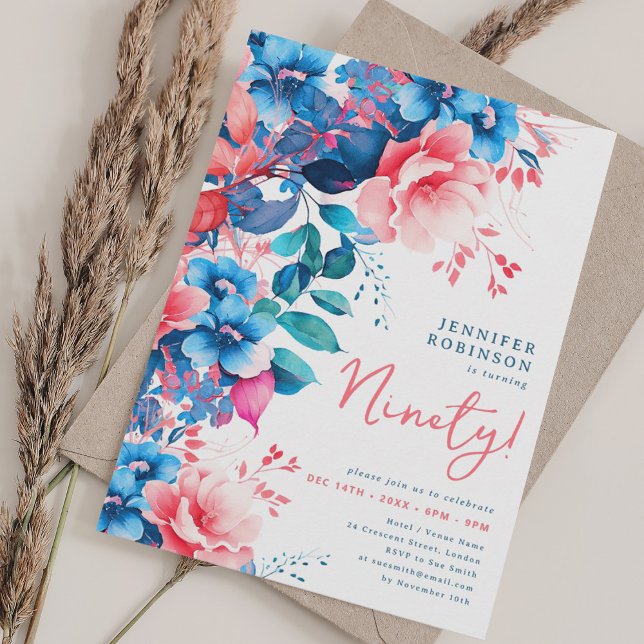 Invitation Aquarelle brillante Florale 90e anniversaire (Bright Watercolor Floral 90th Birthday Invitation)