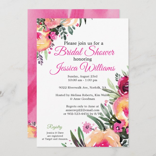 Invitation Aquarelle brillante Florale Douche nuptiale invita (Devant / Derrière)