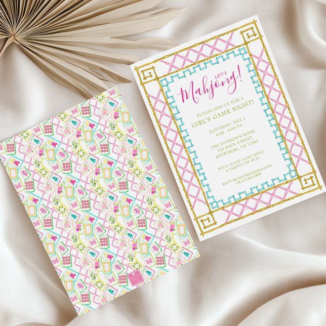 Invitation Aquarelle brillante Mahjong Tiles & Bamboo Party (Créateur téléchargé)