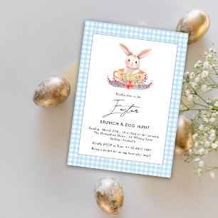 Invitation Aquarelle Brunch de Pâques En vichy lapin floral