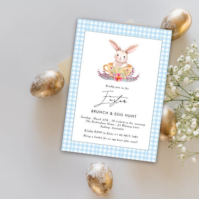 Invitation Aquarelle Brunch de Pâques En vichy lapin floral (Créateur téléchargé)