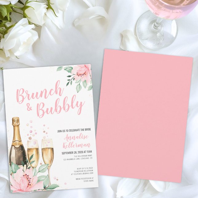 Invitation Aquarelle Brunch Rose Et Fête des mariées Bubbly (Watercolor Pink Brunch And Bubbly Bridal Shower Invitation)