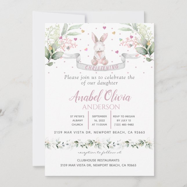Invitation Aquarelle Bunny Baby Girl Baptism (Devant)