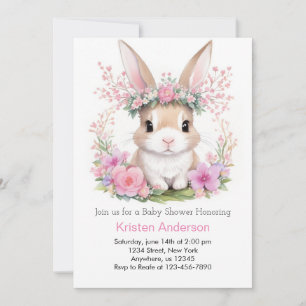 Invitation Aquarelle Bunny Dreams Baby shower fille rose