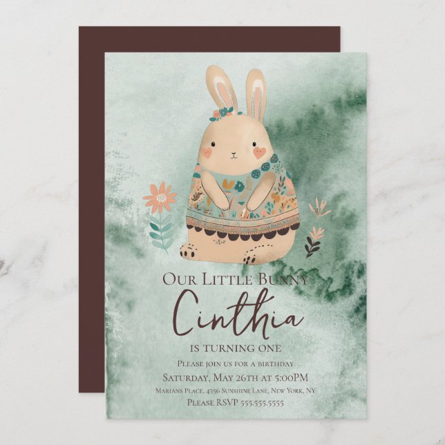 Invitation Aquarelle Bunny Pâques Pastel Boho Anniversaire In (Devant / Derrière)