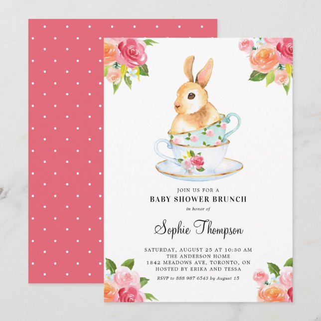 Invitation Aquarelle Bunny sur Teacups Baby shower Brunch (Devant / Derrière)