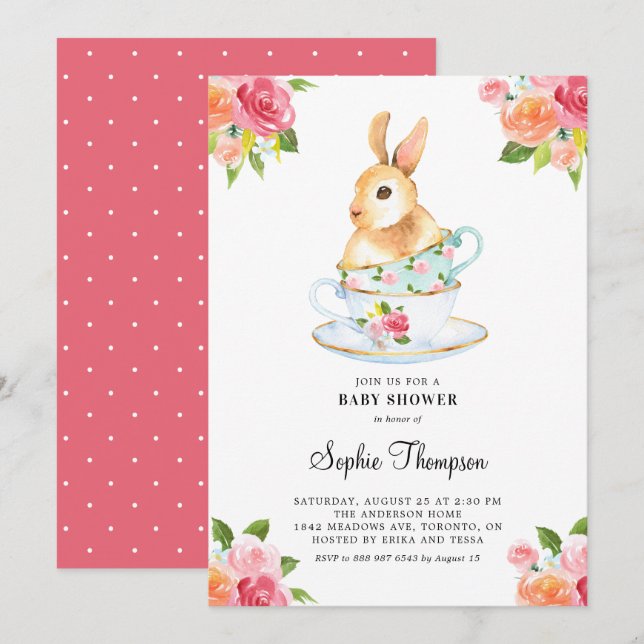 Invitation Aquarelle Bunny sur Teacups Baby shower Floral (Devant / Derrière)