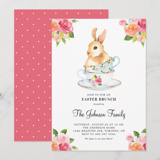 Invitation Aquarelle Bunny sur Teacups Floral Pâques Brunch (Devant / Derrière)