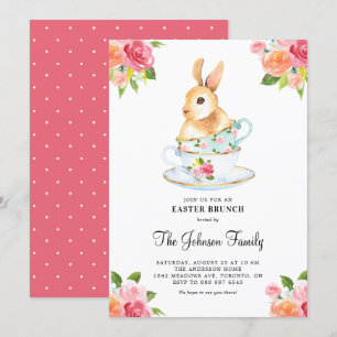 Invitation Aquarelle Bunny sur Teacups Floral Pâques Brunch