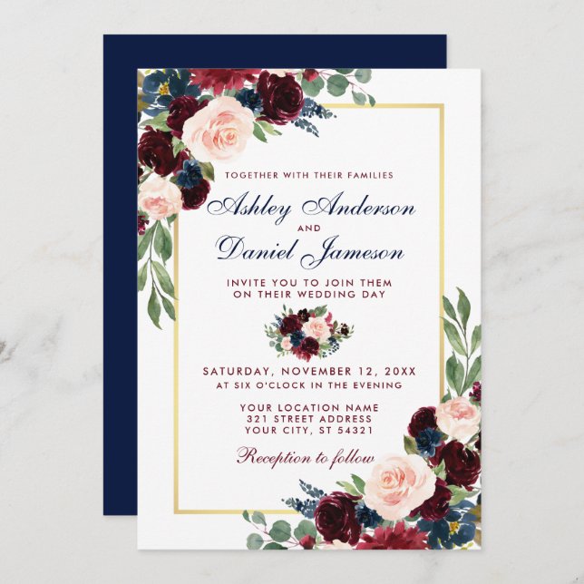 Invitation Aquarelle Burgundy Bleu Floral Mariage Or (Devant / Derrière)